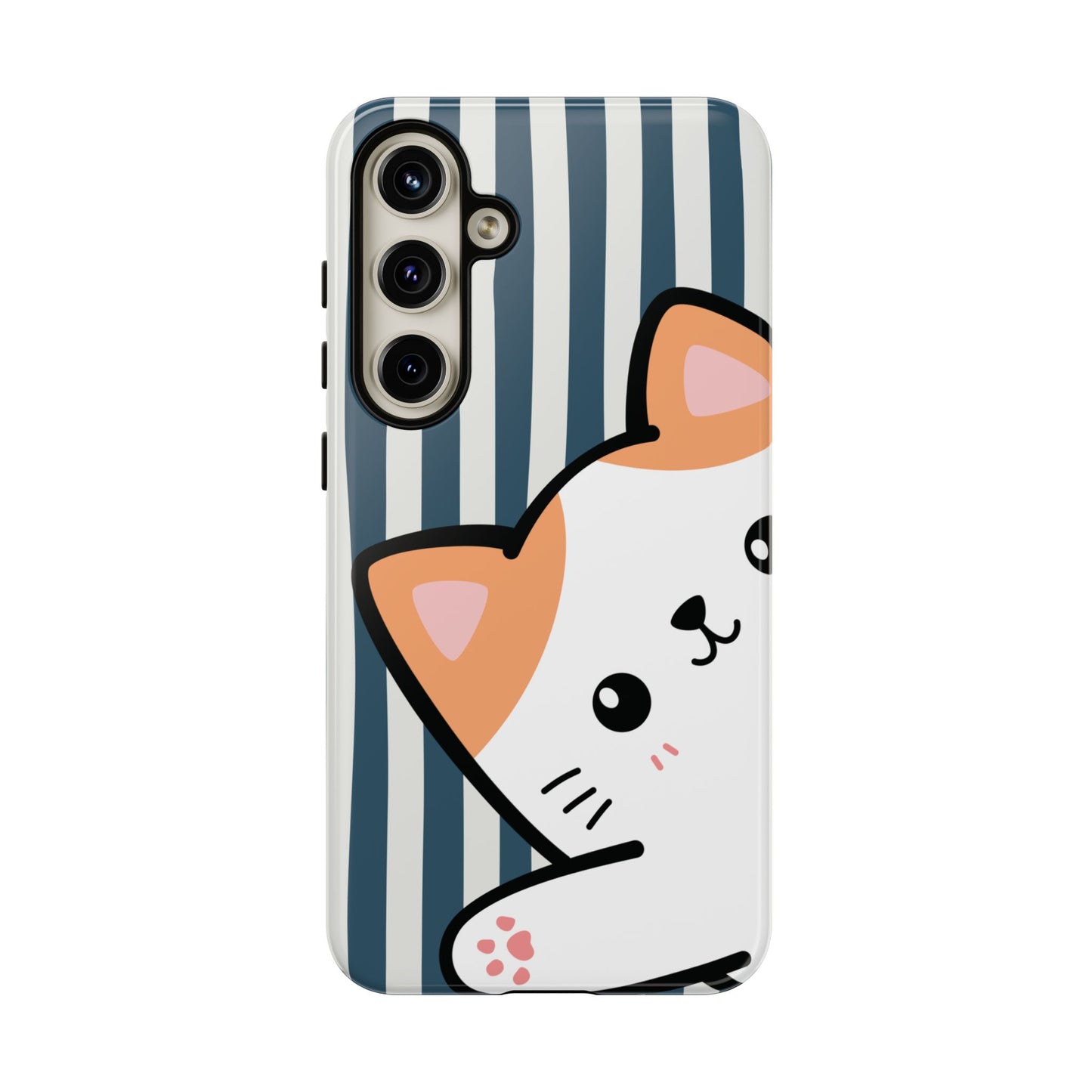 Playful Peakaboo Cat with Blue Stripe Pattern Phone Case - Blue Phone Case - Samsung Galaxy S24 Plus / Glossy