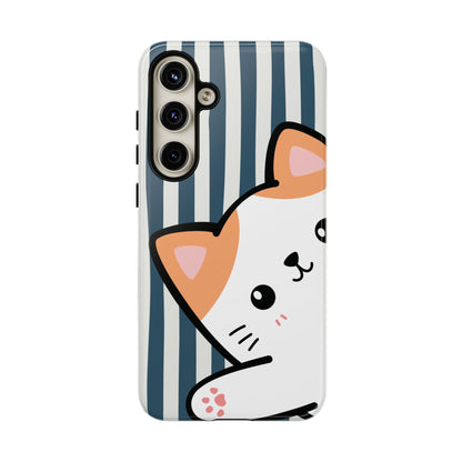 Playful Peakaboo Cat with Blue Stripe Pattern Phone Case - Blue Phone Case - Samsung Galaxy S24 Plus / Glossy