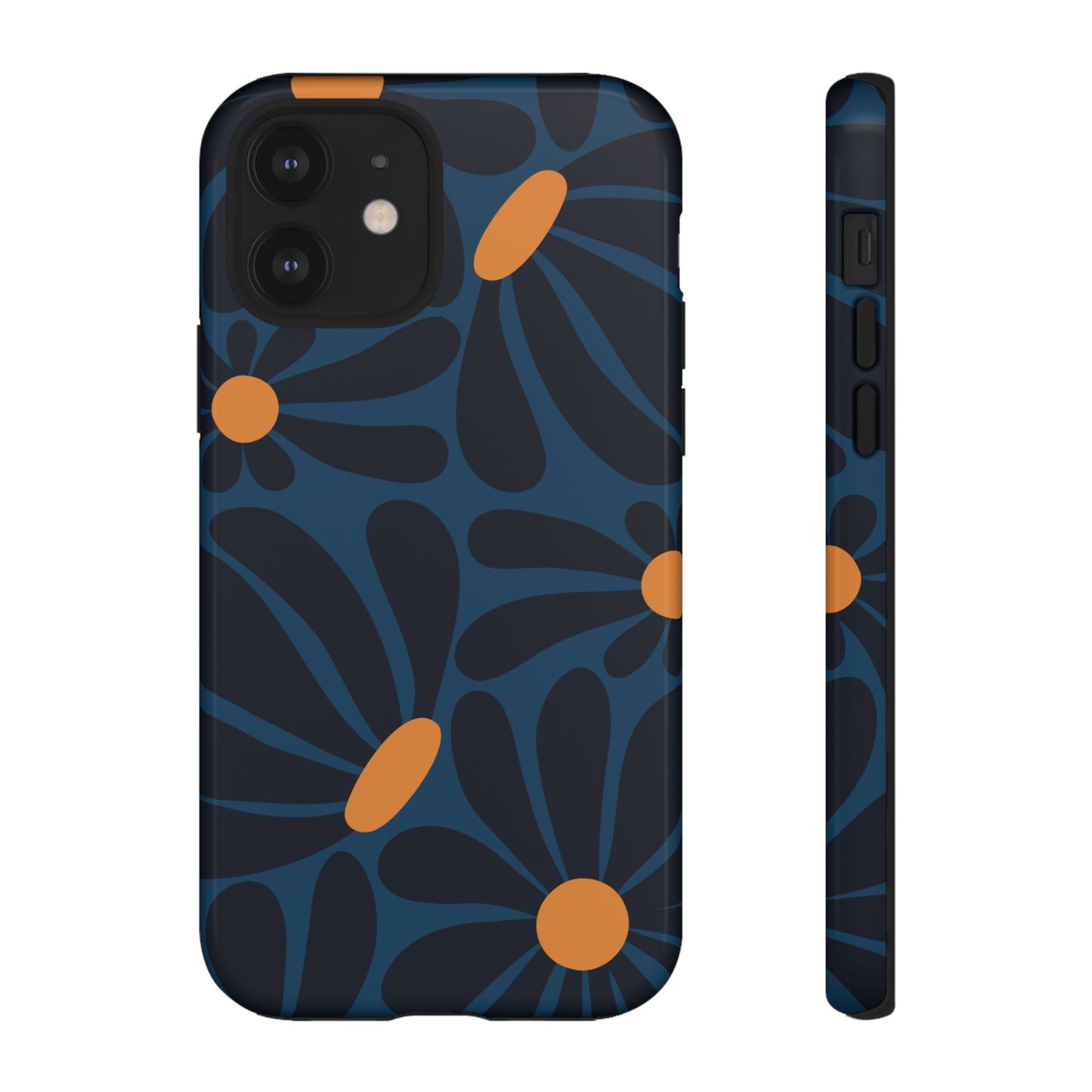 iPhone 12 / Glossy Phone Case - ’Dark Blue & Orange Daisy Pattern’ Phone Case