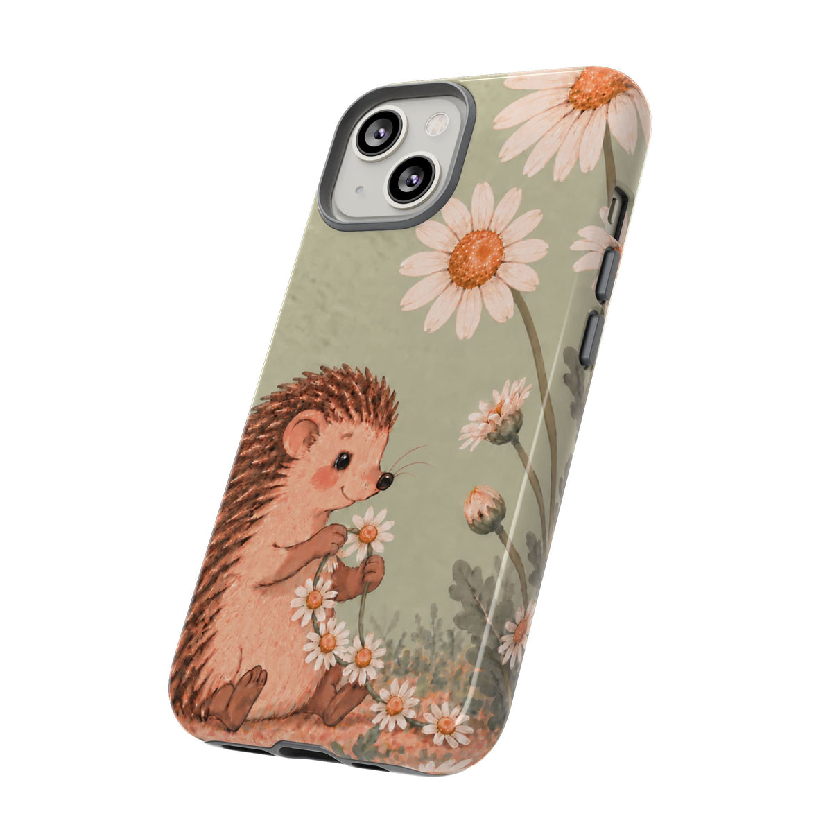 Whimsical Sage Green Hedgehog and Daisy Chain Phone Case - Green Phone Case