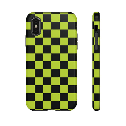 iPhone XS / Glossy Phone Case - Trendy Neon Lime Green & Black Checked Pattern Phone Case
