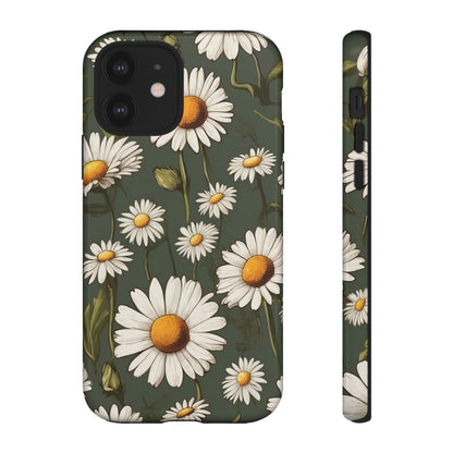 iPhone 12 / Glossy Phone Case - Boho Chic Daisies Floral Pattern ’White & Green’ Phone Case