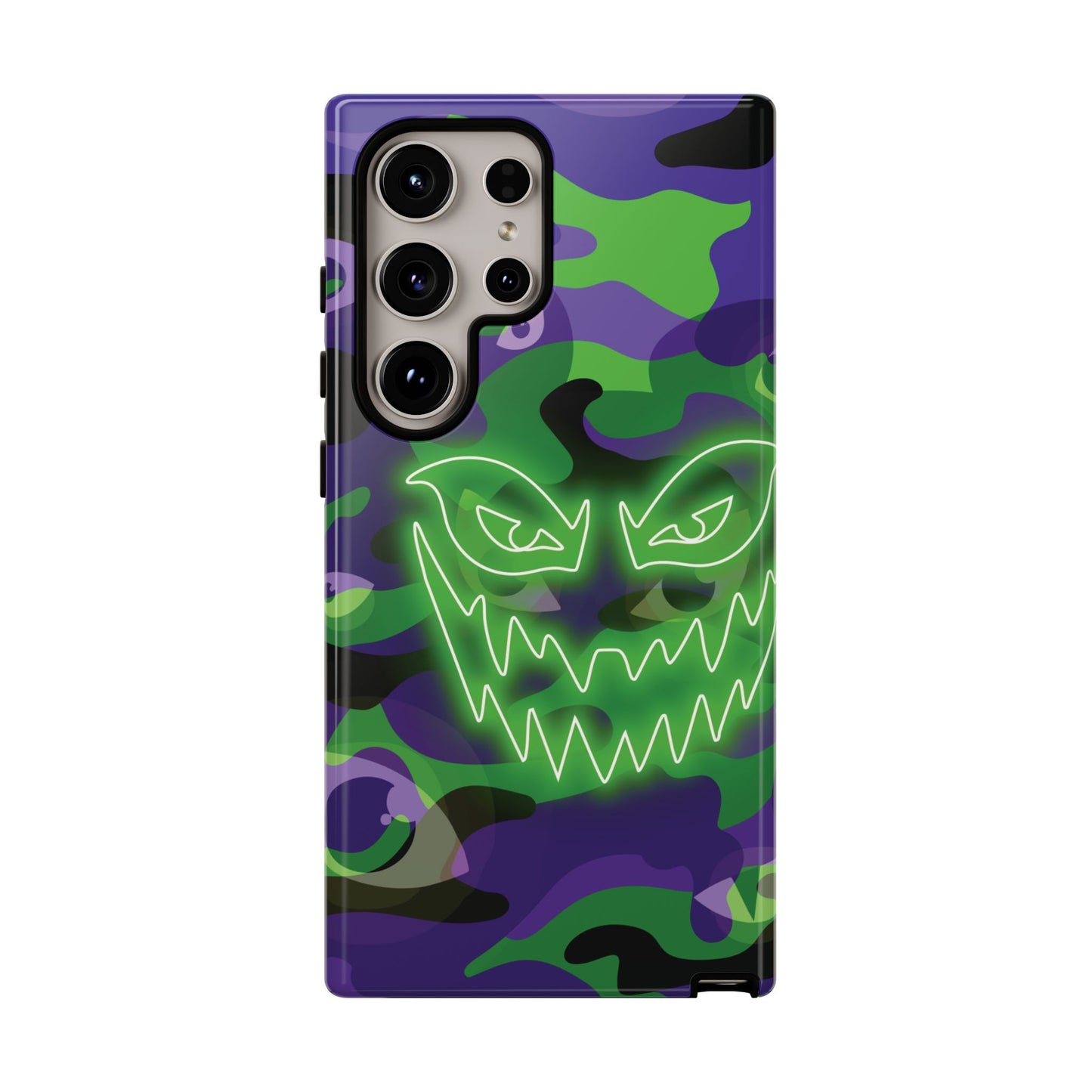 Samsung Galaxy S24 Ultra / Glossy Phone Case - Green & Purple Neon Face Camo Phone Case