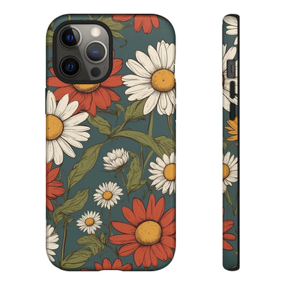 iPhone 12 Pro Max / Glossy Phone Case - Boho Chic Daisies Floral Pattern ’White & Red’ Phone Case