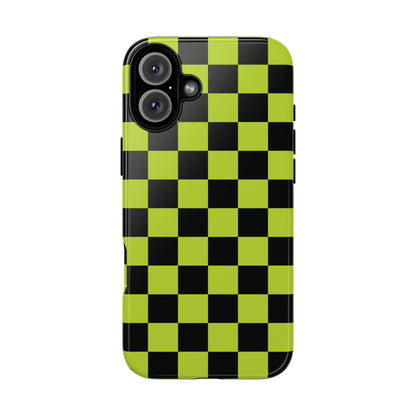iPhone 16 Plus / Glossy Phone Case - Trendy Neon Lime Green & Black Checked Pattern Phone Case