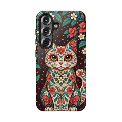 Vibrant Terracotta and Teal Calavera Cat Phone Case - Multicolor Phone Case - Samsung Galaxy S25 / Glossy