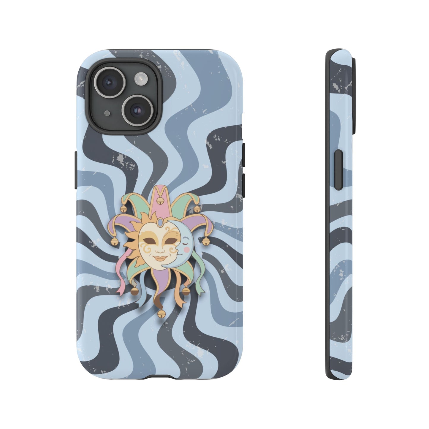 iPhone 15 / Glossy Phone Case - Sun & Moon Jester Mask – Blue Retro Wave Phone Case