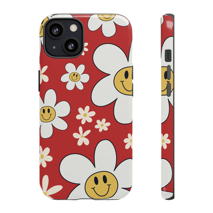 iPhone 13 / Glossy Phone Case - Fun Retro Daisy Pattern with Red Background Phone Case