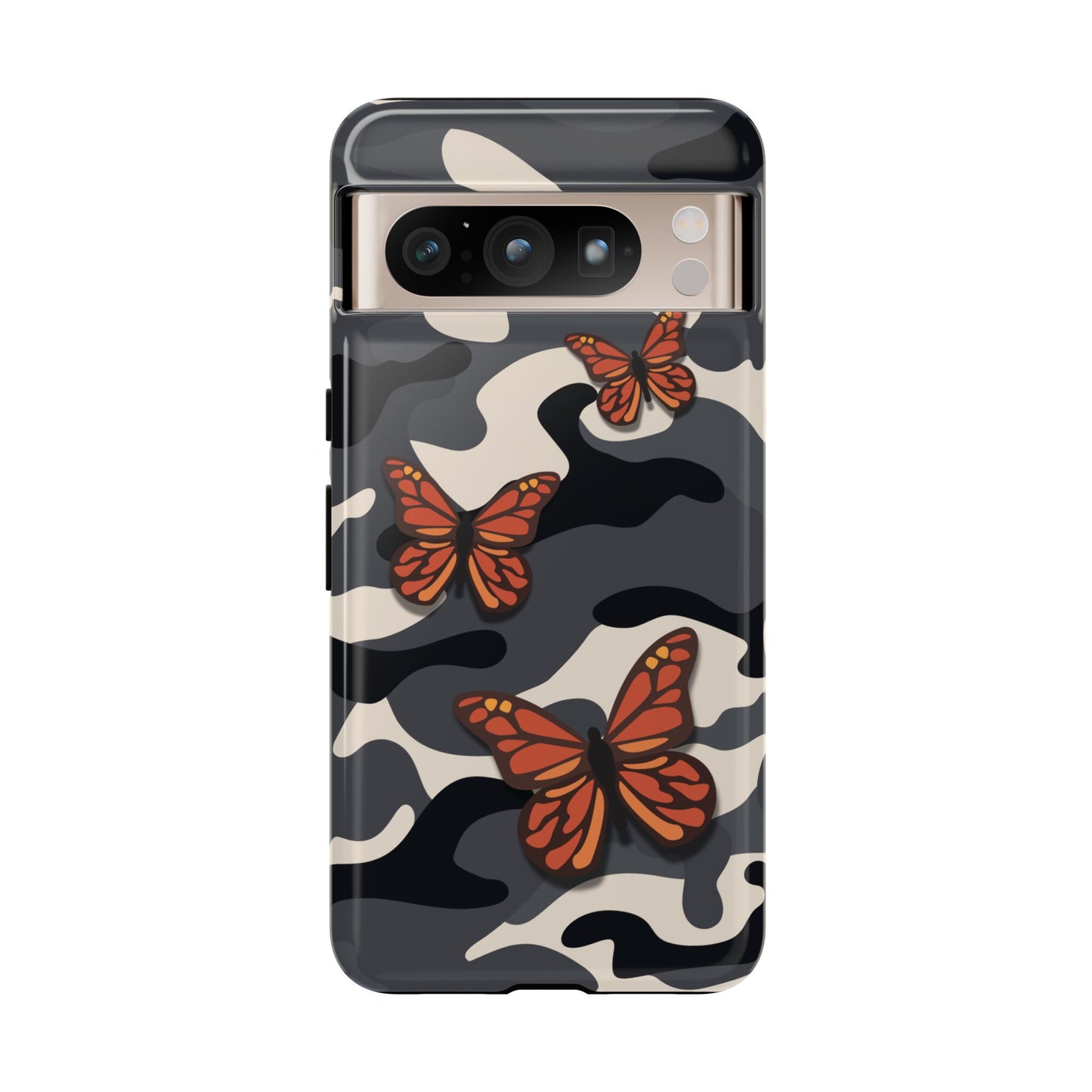 Google Pixel 8 Pro / Glossy Phone Case - Black & Orange Butterfly Camo Phone Case