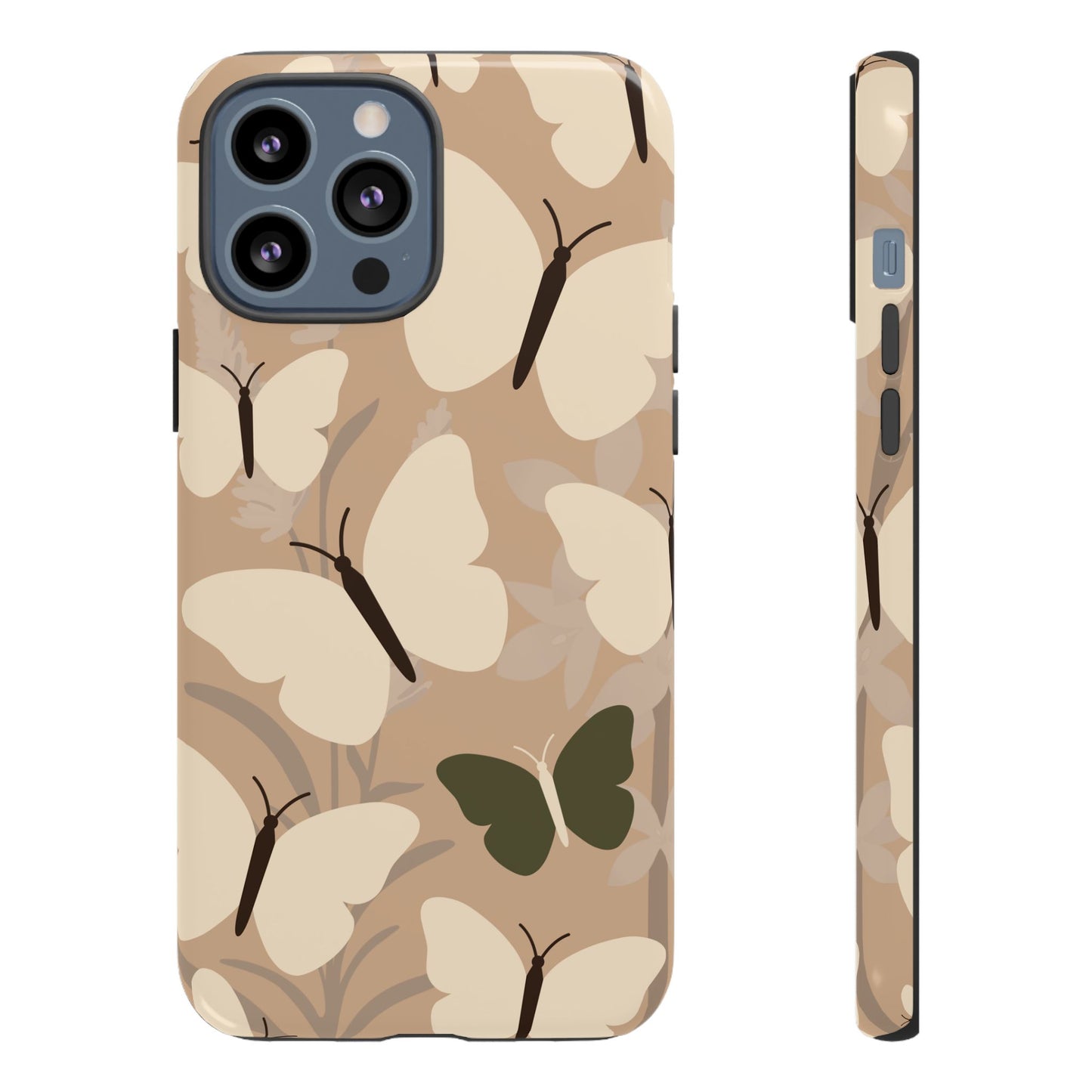 iPhone 13 Pro Max / Glossy Phone Case - Minimalist Beige Butterfly Pattern Phone Case