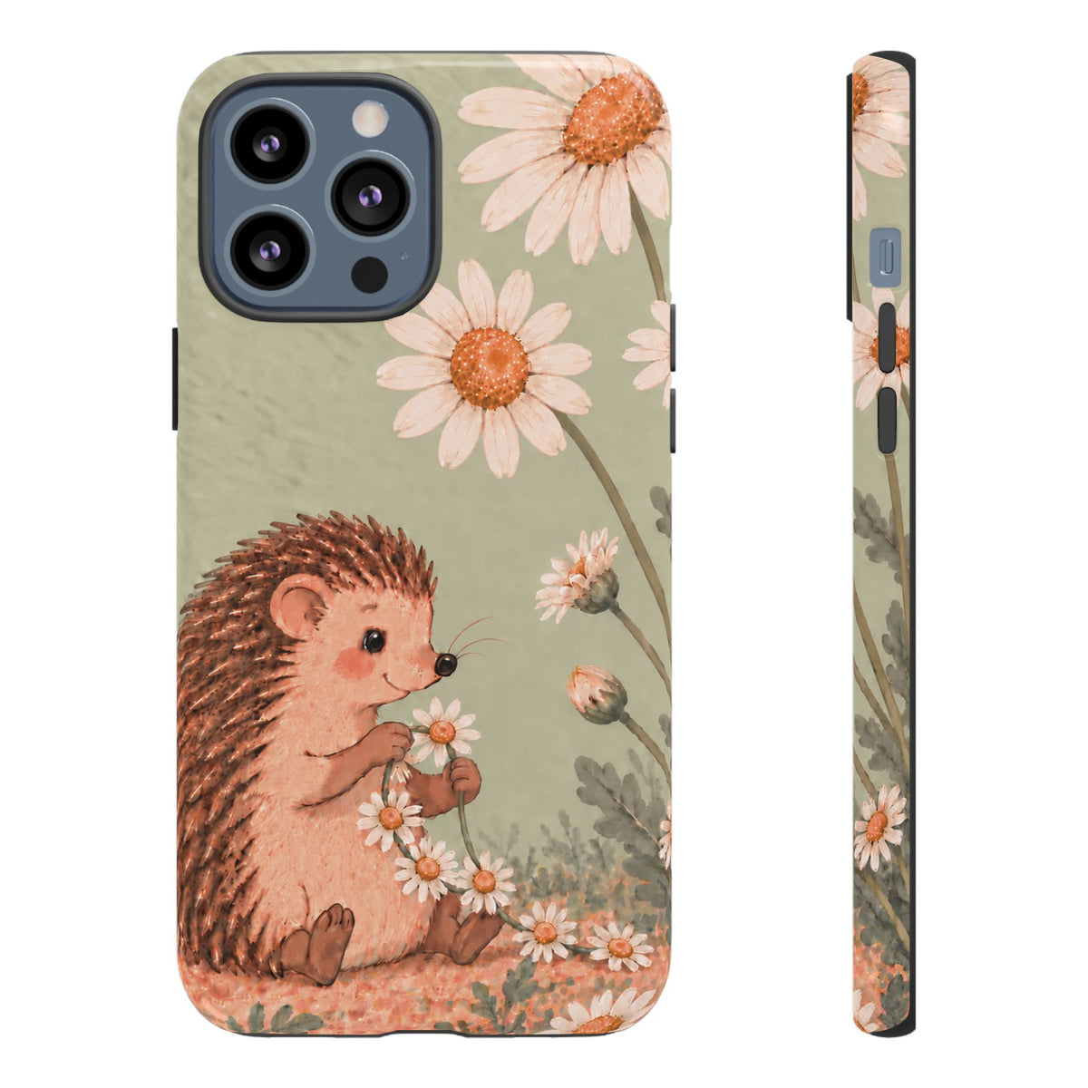 Whimsical Sage Green Hedgehog and Daisy Chain Phone Case - Green Phone Case - iPhone 13 Pro Max / Glossy