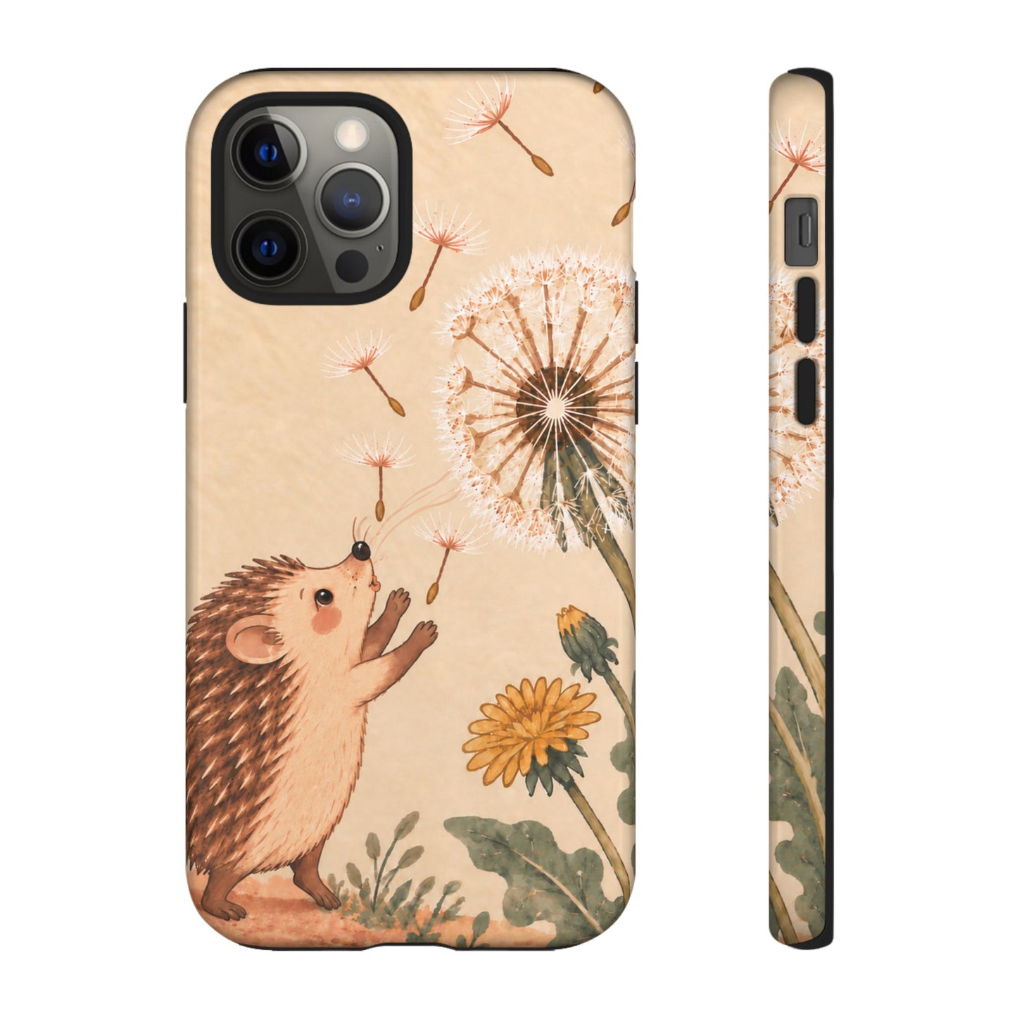 Whimsical Cream Hedgehog and Dandelion Phone Case - White Phone Case - iPhone 12 Pro / Glossy