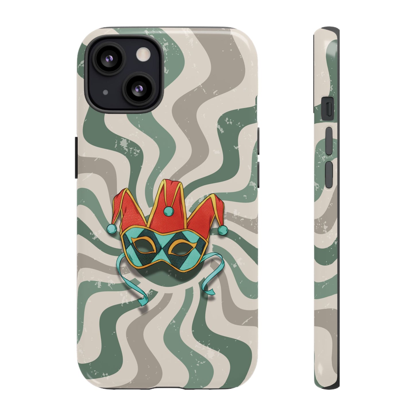 iPhone 13 / Glossy Phone Case - Venetian Jester Mask – Green Retro Soft Revival Phone Case