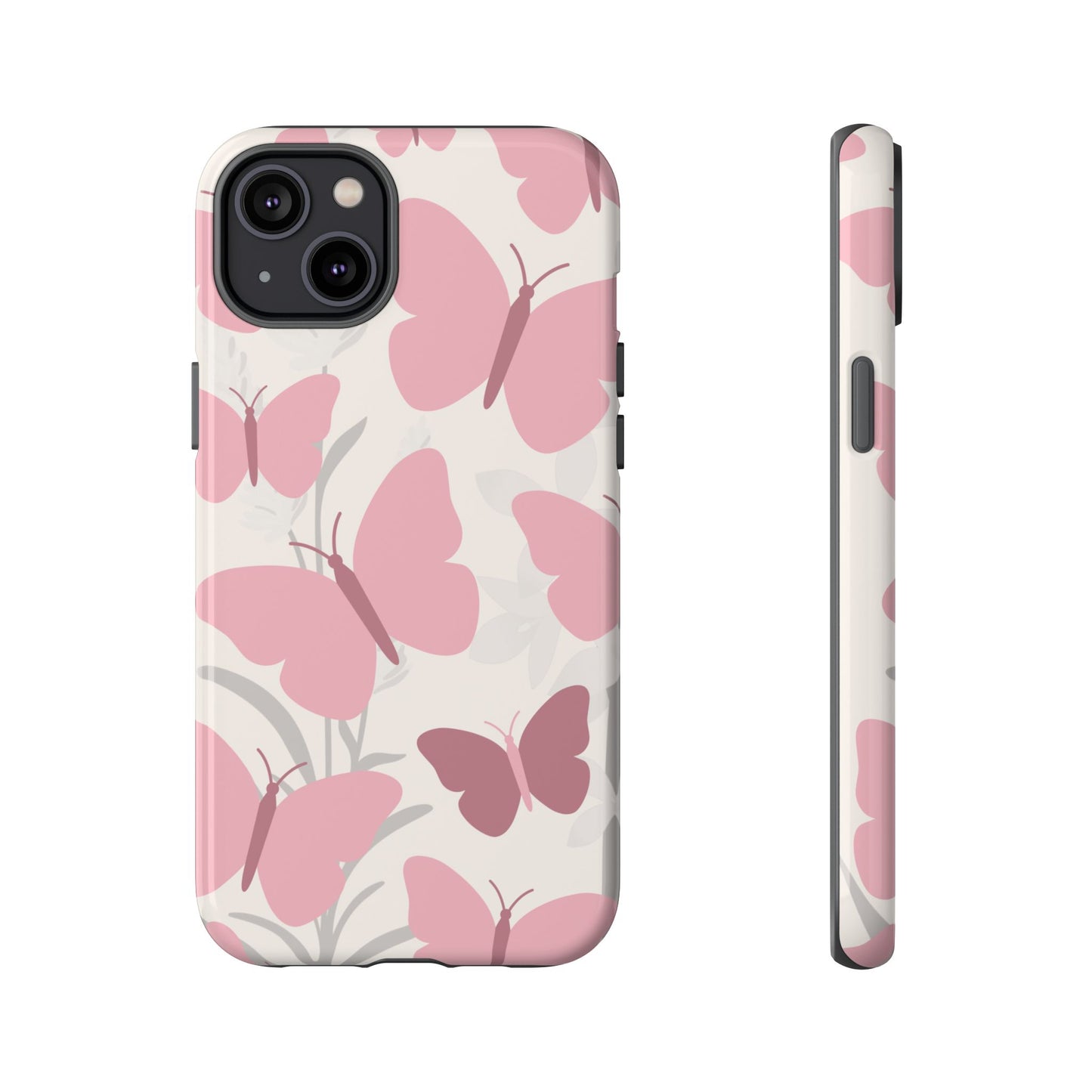 iPhone 14 Plus / Glossy Phone Case - Minimalist Cream & Pink Butterfly Pattern Phone Case