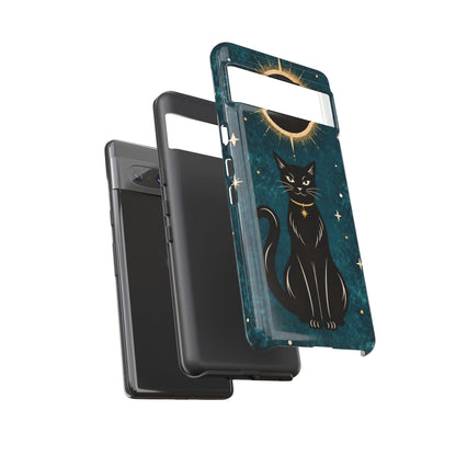 Whimsical Teal Celestial Black Cat Phone Case