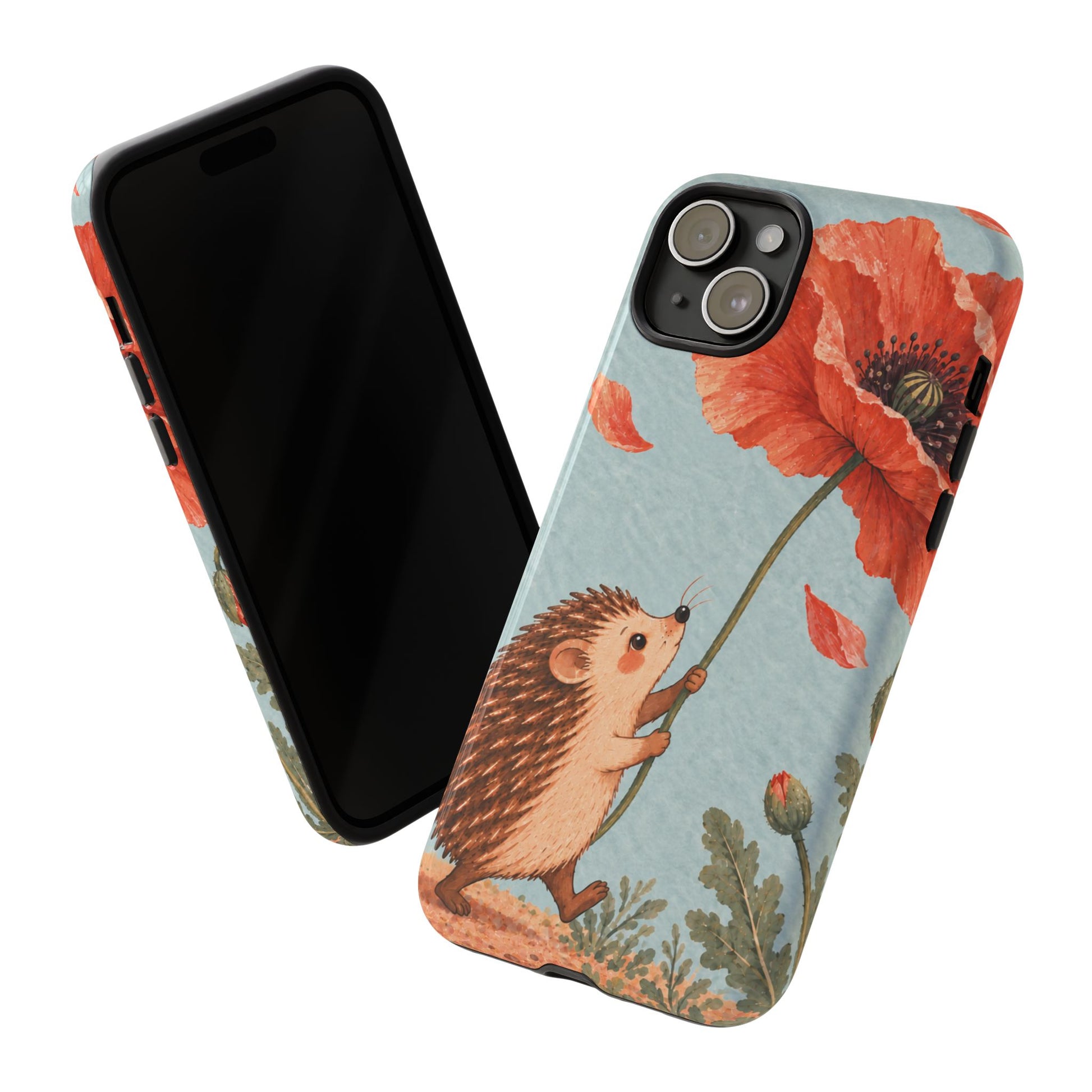 Whimsical Pale Blue Hedgehog and Poppy Phone Case - Blue Phone Case