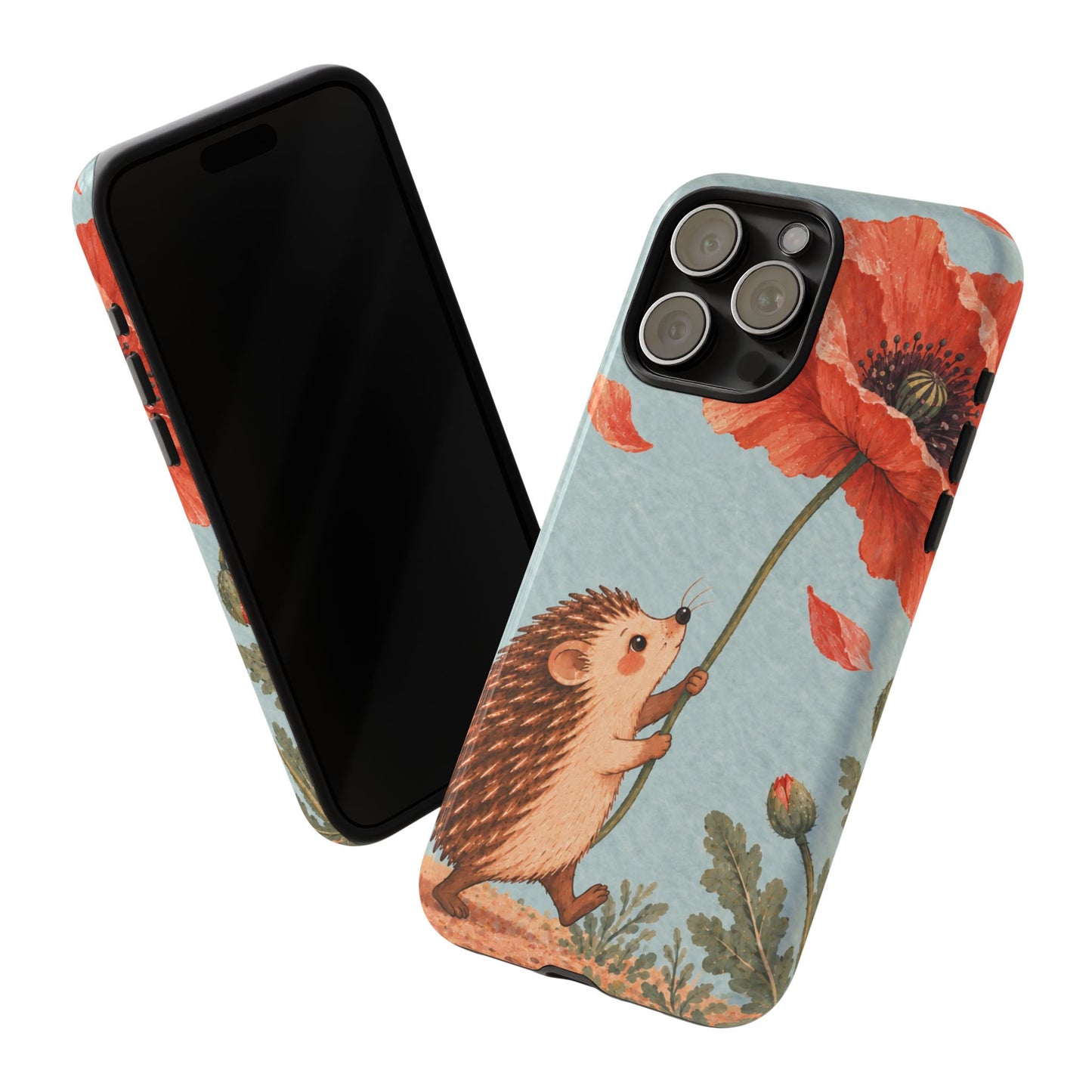 Whimsical Pale Blue Hedgehog and Poppy Phone Case - Blue Phone Case