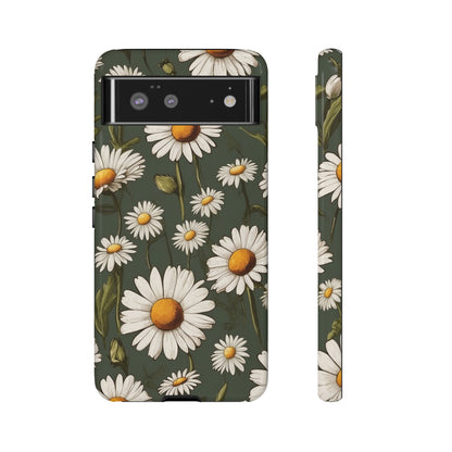 Google Pixel 6 / Glossy Phone Case - Boho Chic Daisies Floral Pattern ’White & Green’ Phone Case