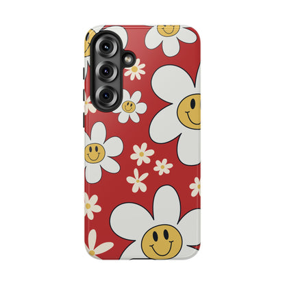 Samsung Galaxy S25 Plus / Glossy Phone Case - Fun Retro Daisy Pattern with Red Background Phone Case
