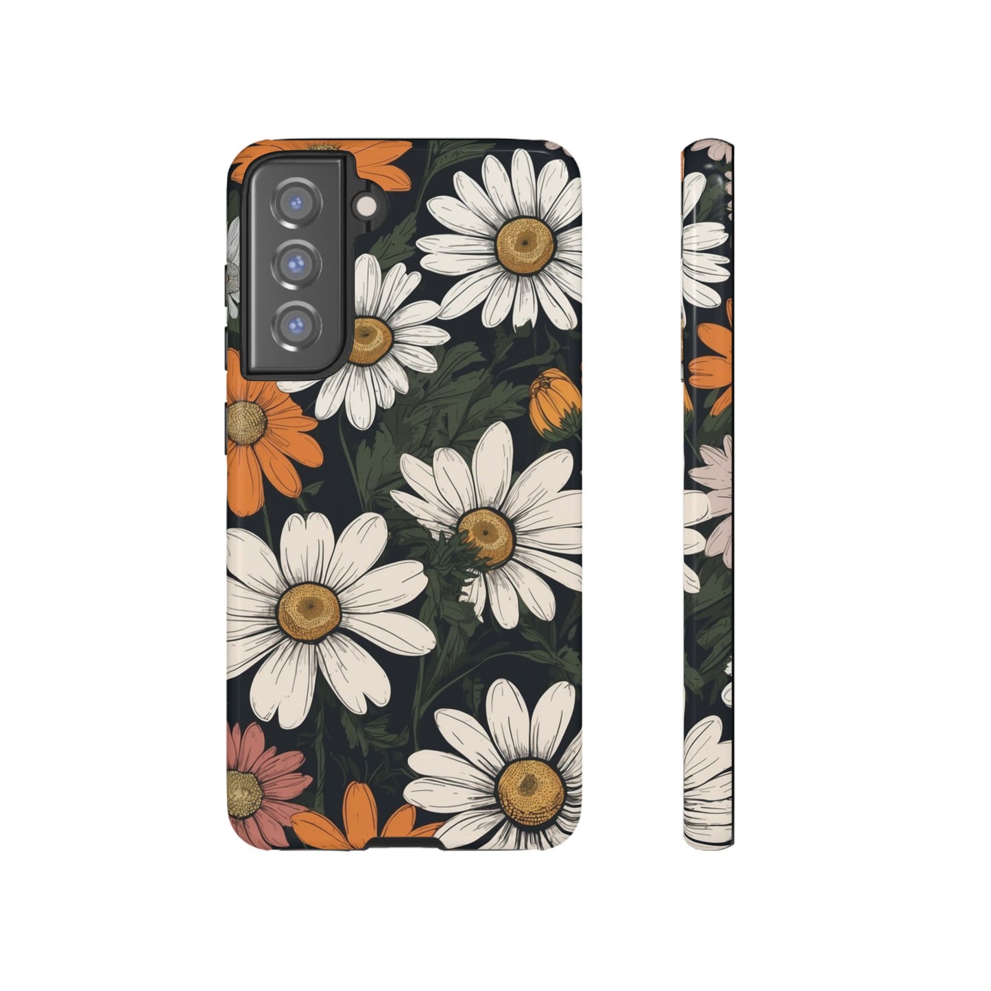 Samsung Galaxy S21 FE / Glossy Phone Case - Boho Chic Daisies Floral Pattern ’White Orange & Pink’ Phone Case