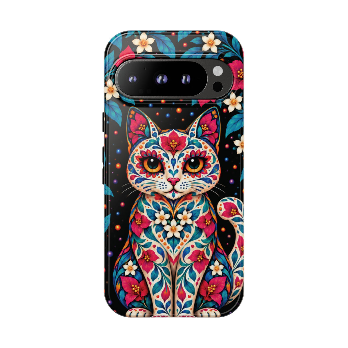 Vibrant Pink and Turquoise Calavera Cat Phone Case - Multicolor Phone Case - Google Pixel 9 Pro / Glossy