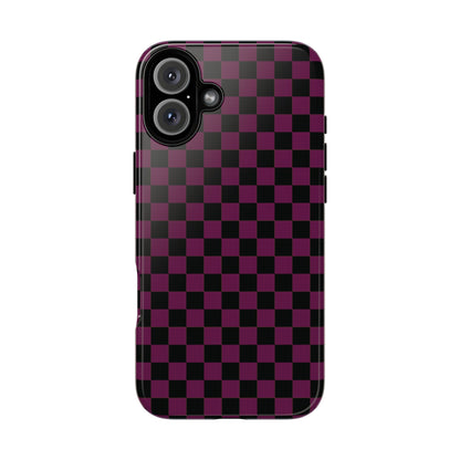 iPhone 16 Plus / Glossy Phone Case - Trendy Plum & Black Small Checked Pattern Phone Case