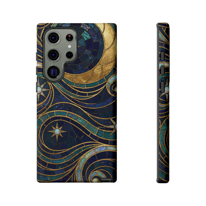 Elegant Navy & Gold Crescent Moon Mosaic Phone Case