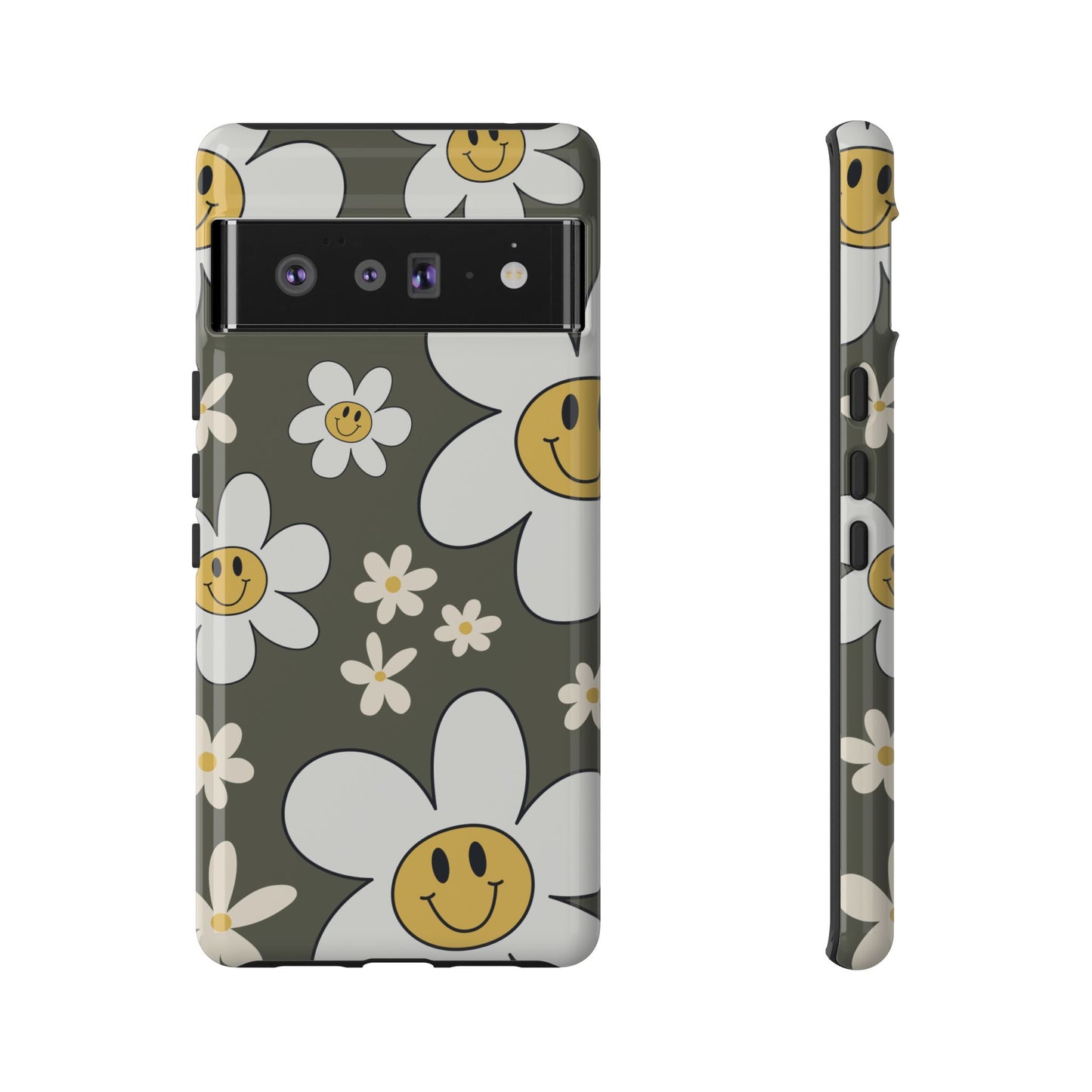 Google Pixel 6 Pro / Glossy Phone Case - Fun Retro Daisy Pattern with Olive Green Background Phone Case