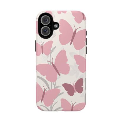 iPhone 16 Plus / Glossy Phone Case - Minimalist Cream & Pink Butterfly Pattern Phone Case