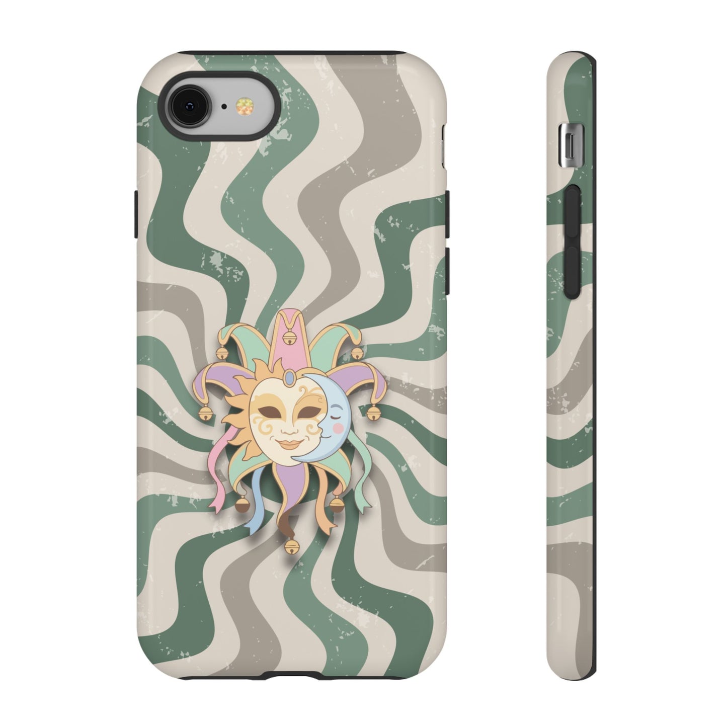 iPhone 8 / Glossy Phone Case - Sun & Moon Jester Mask – Green Retro Wave Phone Case