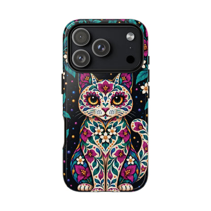 Vibrant Purple and Teal Calavera Cat Phone Case - Multicolor Phone Case - iPhone 17 Pro / Glossy