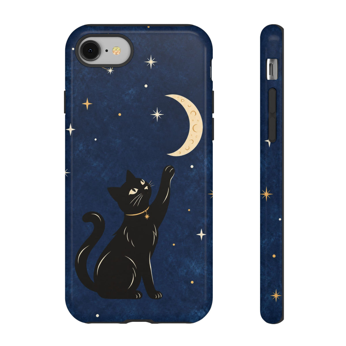 Whimsical Navy Blue Celestial Black Cat Phone Case