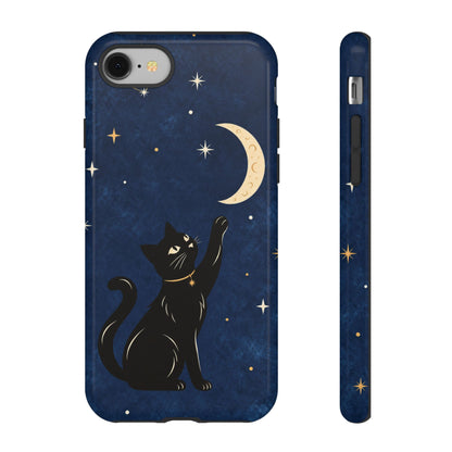 Whimsical Navy Blue Celestial Black Cat Phone Case