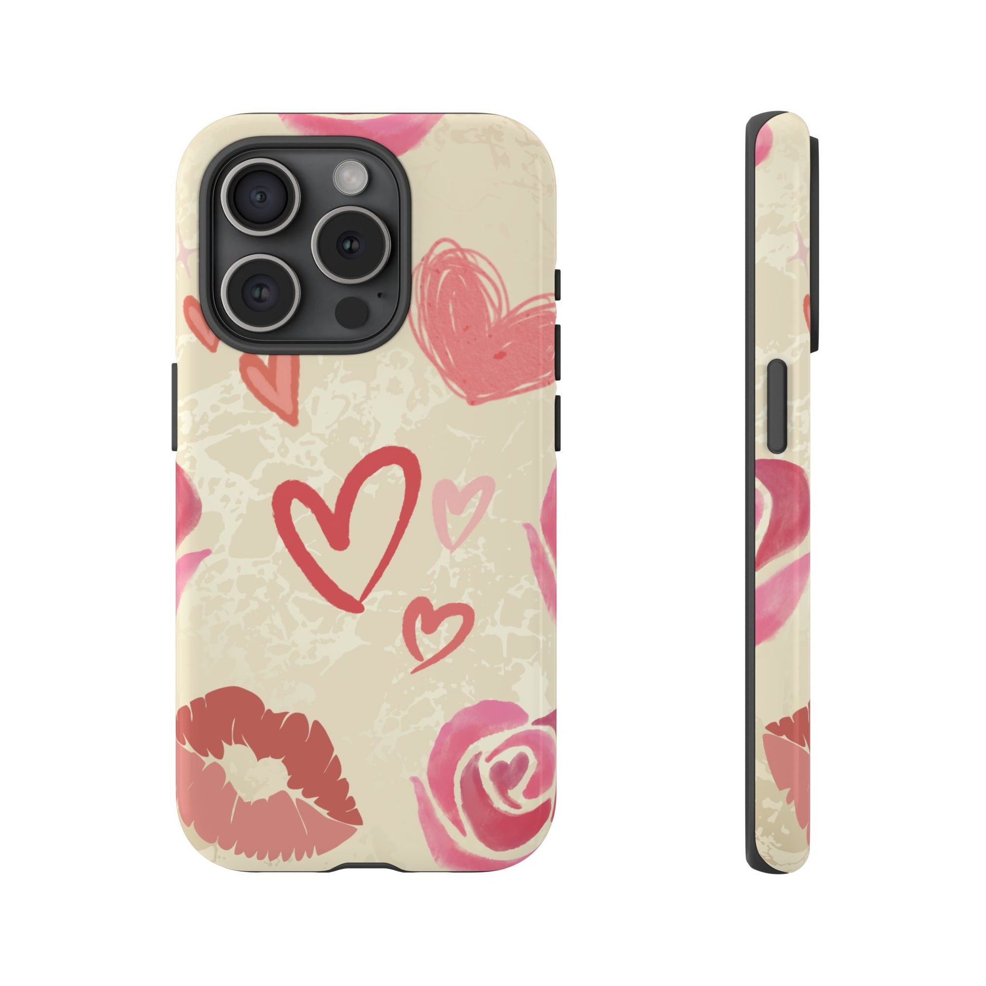 Cute Pink Heart & Rose Pattern Phone Case - Pink Phone Case - iPhone 15 Pro / Glossy