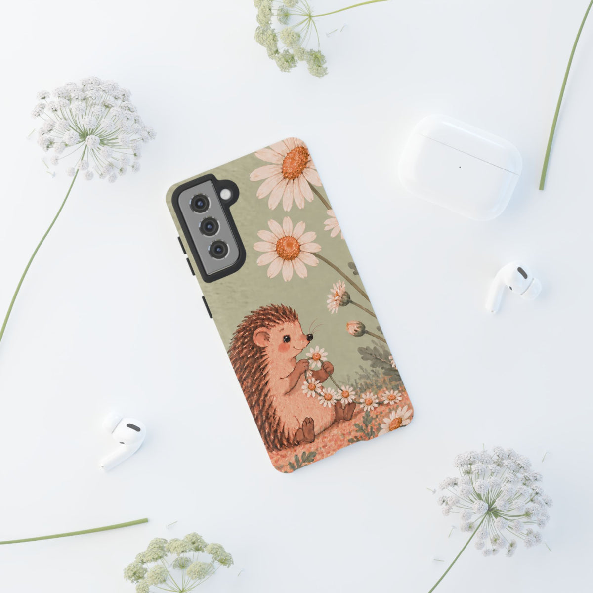 Whimsical Sage Green Hedgehog and Daisy Chain Phone Case - Green Phone Case