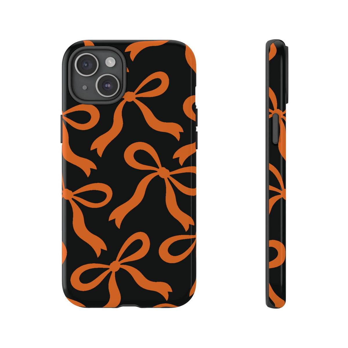 Bold Black and Burnt Orange Bow Pattern Phone Case - Black Phone Case - iPhone 15 Plus / Glossy