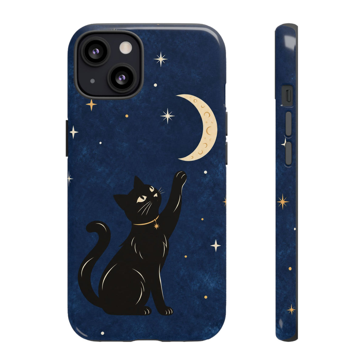 Whimsical Navy Blue Celestial Black Cat Phone Case