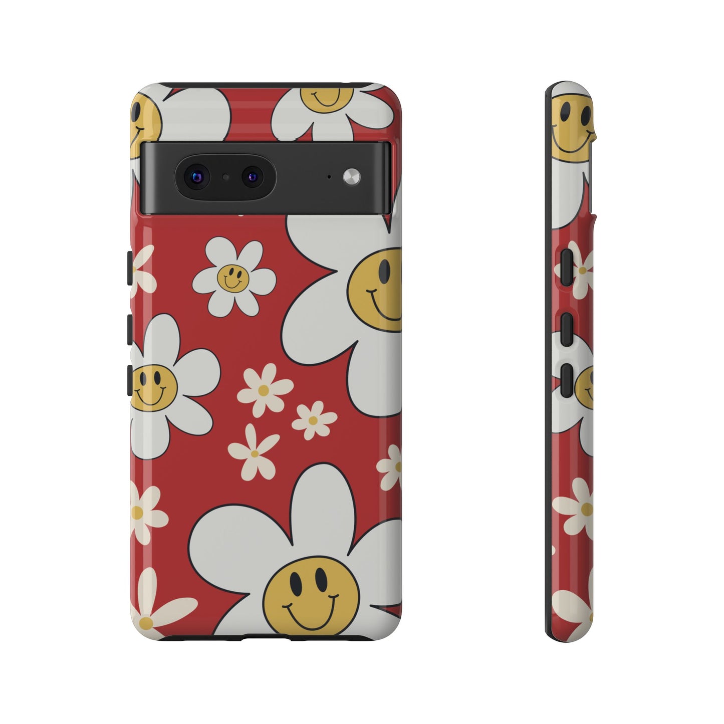 Google Pixel 7 / Glossy Phone Case - Fun Retro Daisy Pattern with Red Background Phone Case
