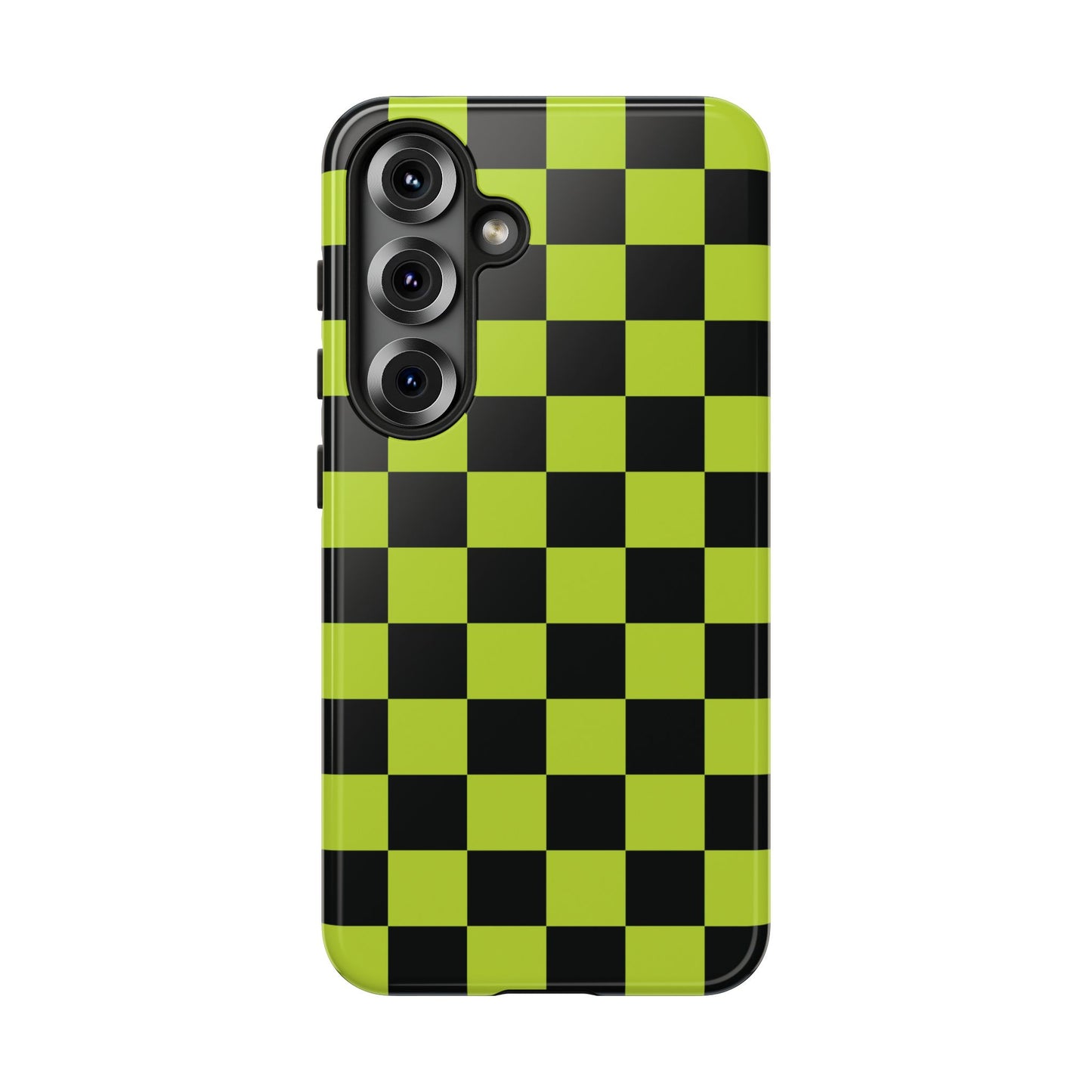 Samsung Galaxy S25 / Glossy Phone Case - Trendy Neon Lime Green & Black Checked Pattern Phone Case
