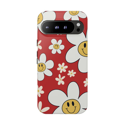 Google Pixel 9 Pro XL / Glossy Phone Case - Fun Retro Daisy Pattern with Red Background Phone Case