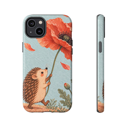 Whimsical Pale Blue Hedgehog and Poppy Phone Case - Blue Phone Case - iPhone 14 Plus / Glossy