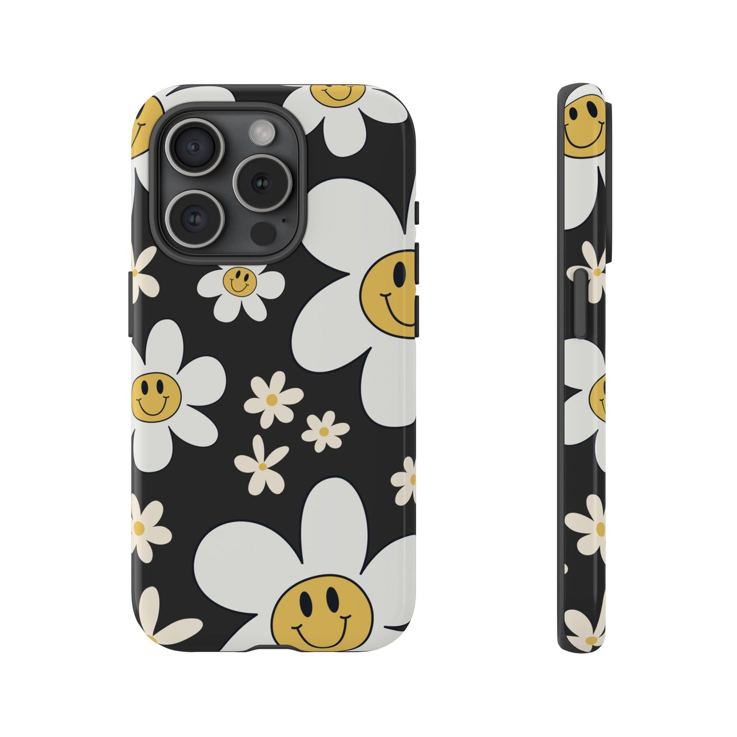 iPhone 15 Pro / Glossy Phone Case - Fun Retro Daisy Pattern with Dark Grey Background Phone Case