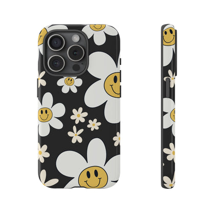 iPhone 15 Pro / Glossy Phone Case - Fun Retro Daisy Pattern with Dark Grey Background Phone Case