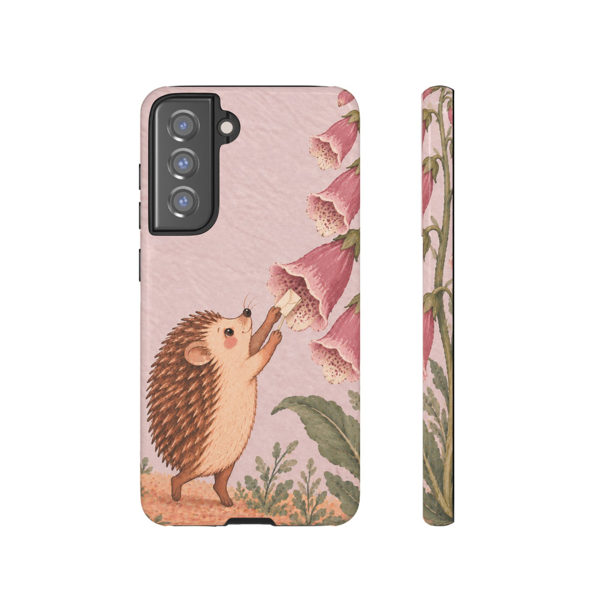 Whimsical Blush Pink Hedgehog and Foxglove Phone Case - Pink Phone Case - Samsung Galaxy S21 FE / Glossy