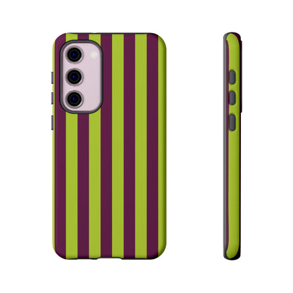 Samsung Galaxy S23 Plus / Glossy Phone Case - Trendy Neon Lime Green & Plum Stripe Pattern Phone Case