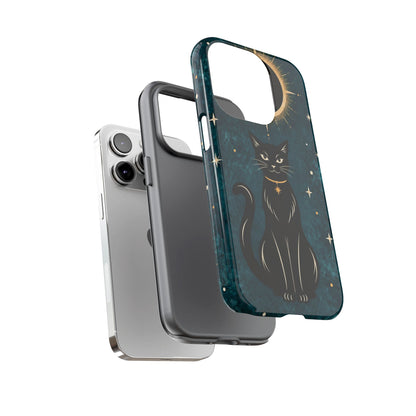 Whimsical Teal Celestial Black Cat Phone Case
