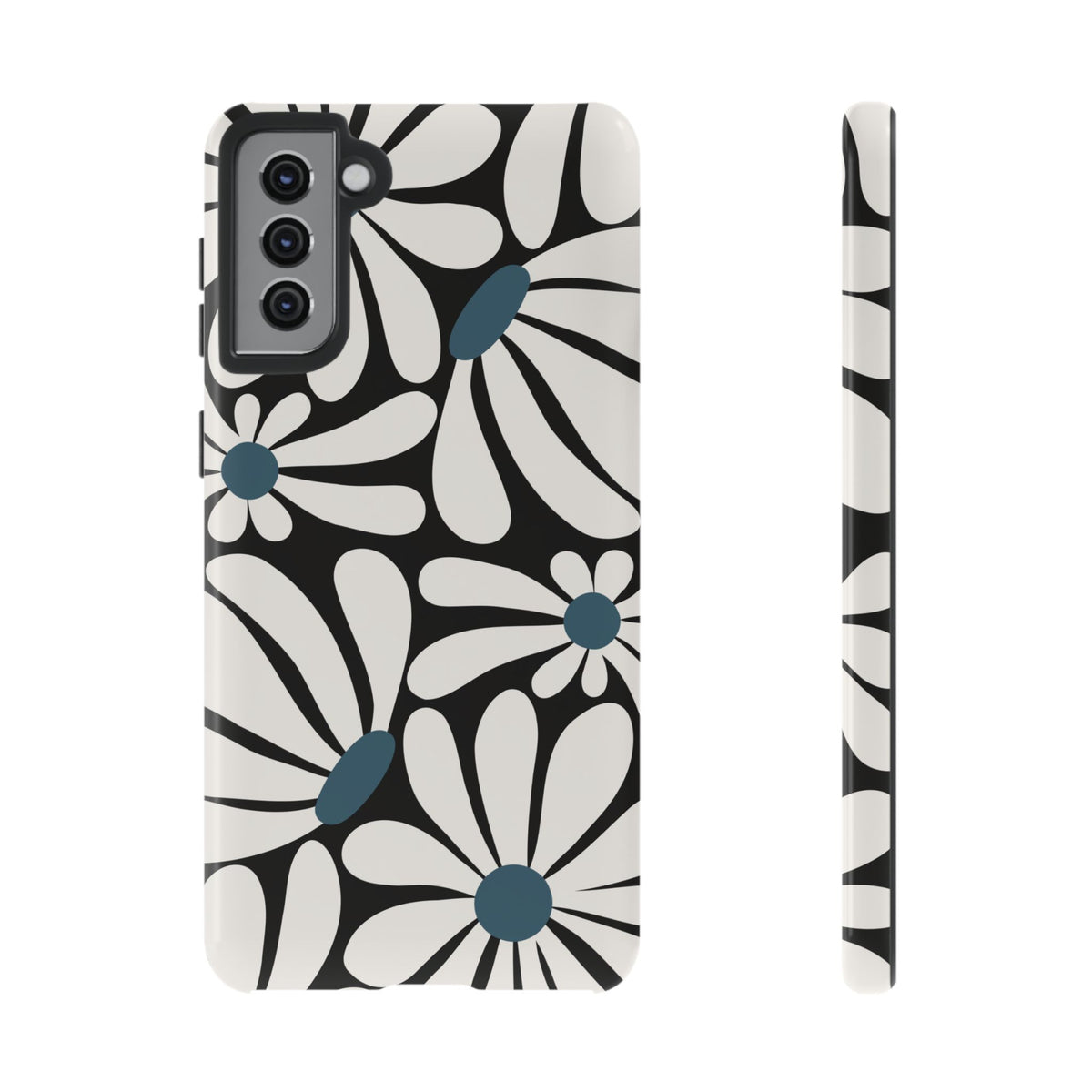 Retro Black Daisy Pattern Phone Case - Black Phone Case - Samsung Galaxy S21 Plus / Glossy