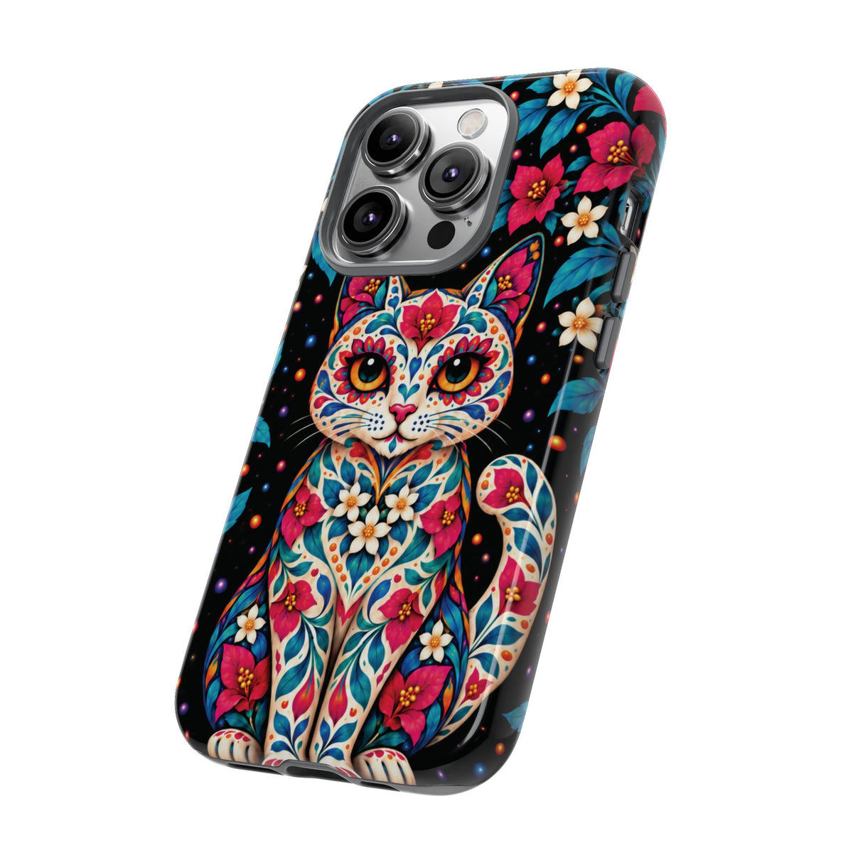 Vibrant Pink and Turquoise Calavera Cat Phone Case - Multicolor Phone Case