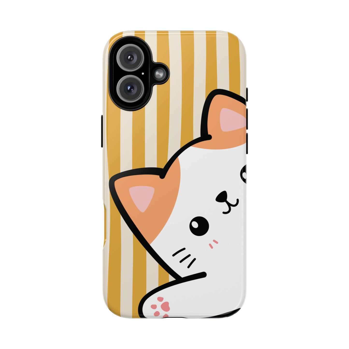 iPhone 16 Plus / Glossy Phone Case - Peakaboo Cat with Yellow Stripe Pattern Phone Case