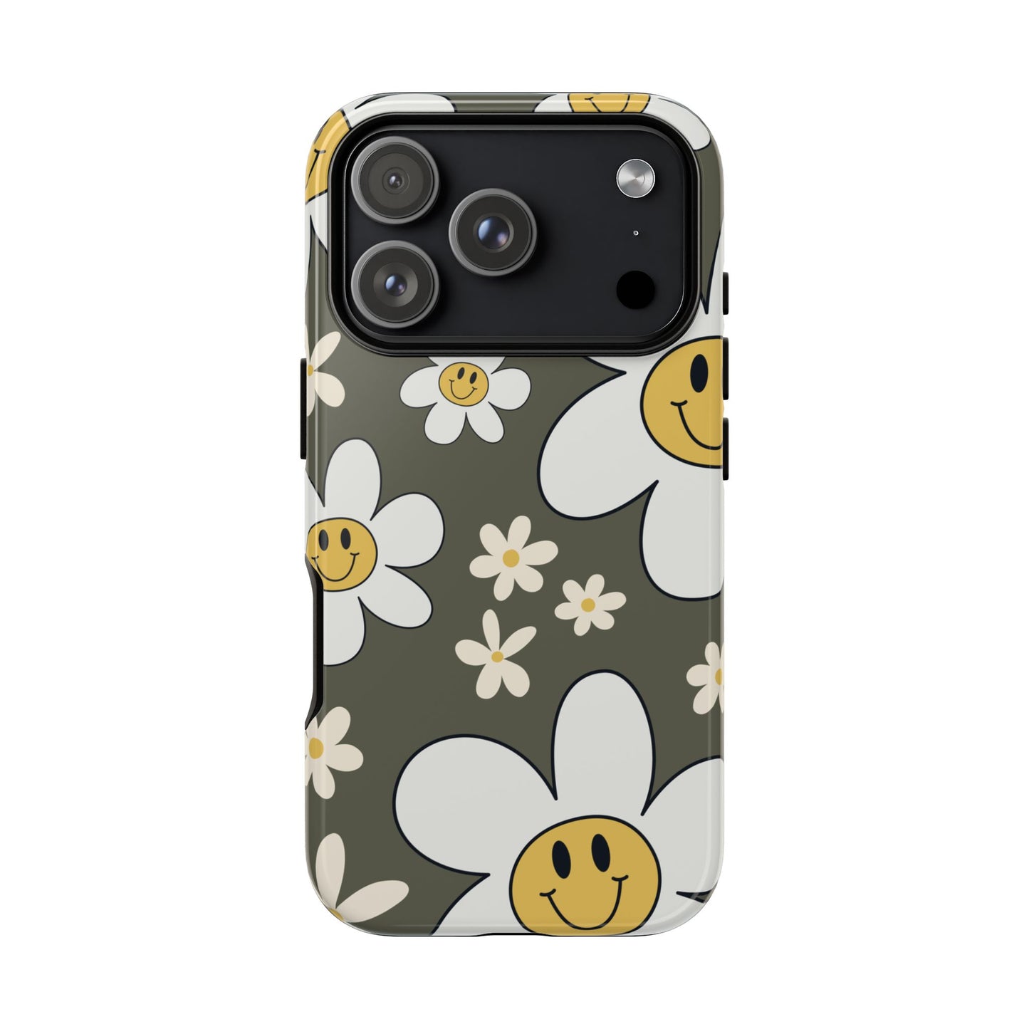 iPhone 17 Pro / Glossy Phone Case - Fun Retro Daisy Pattern with Olive Green Background Phone Case